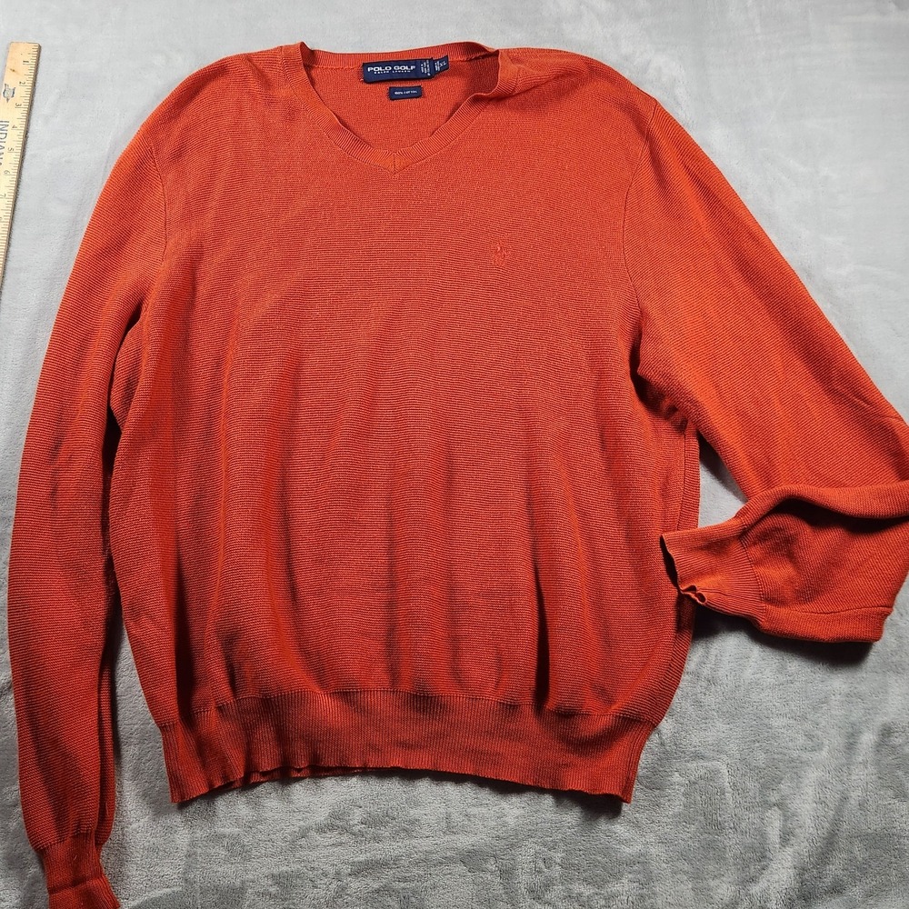 Polo Golf Ralph Lauren Sweater Mens XL Orange‎ V-Neck Knit Preppy Lightweight*